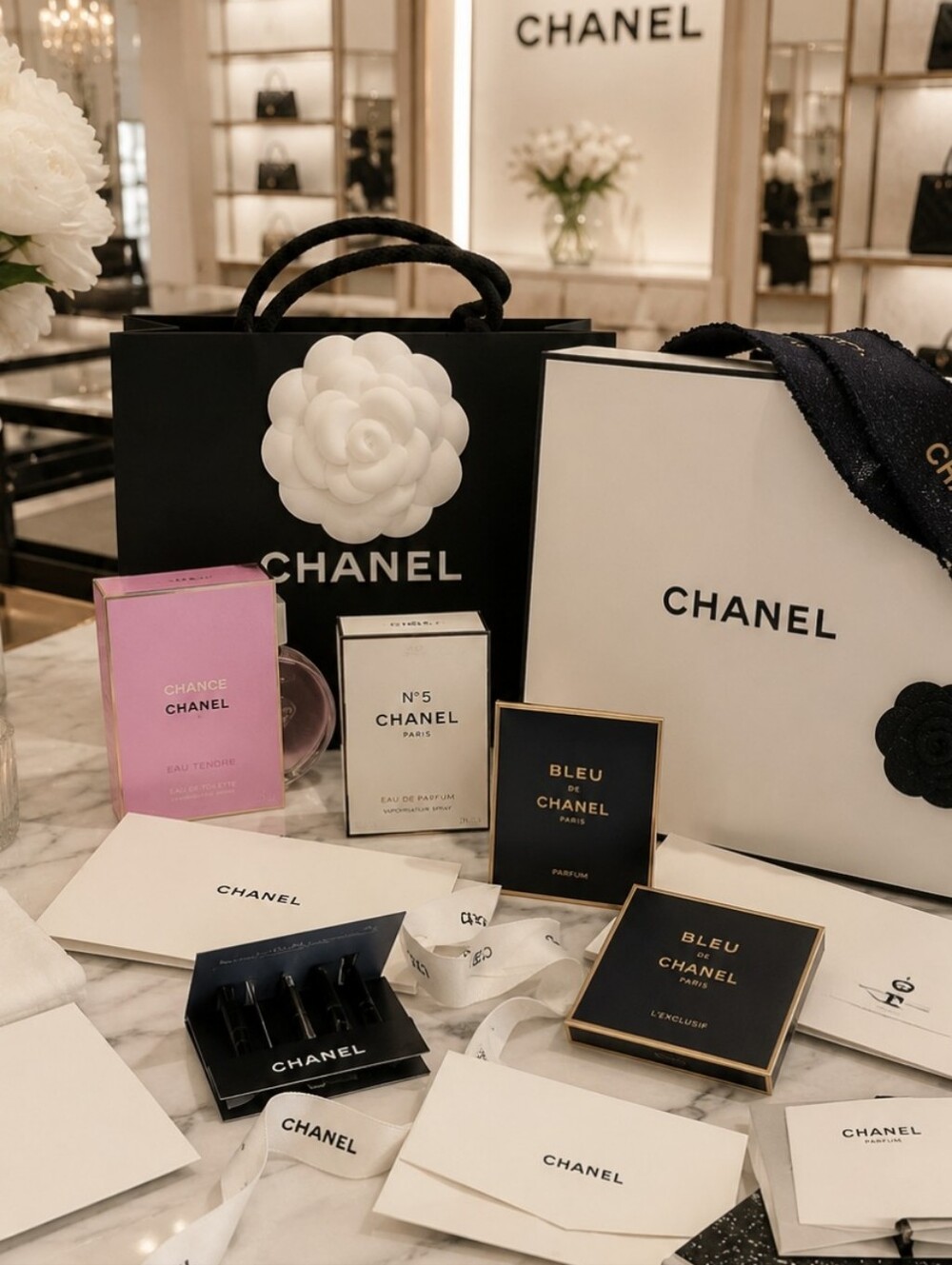 CHANEL 6xPerfume Spray 2xMascara Mini 2XLuxury Boxes 2xShip Boxes 1xBag Camellia